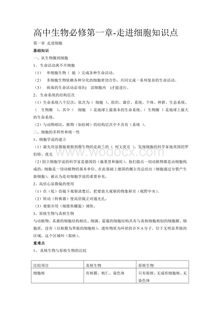 高中生物必修一第一章走进细胞知识点总结.doc_第1页