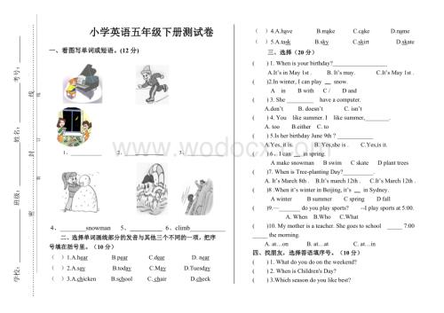 PEP小学英语下学期期中试卷-五年级英语.doc