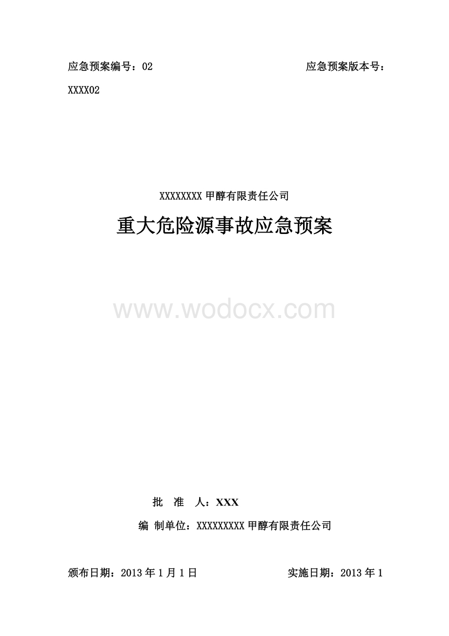 甲醇有限责任公司重大危险源事故应急预案.doc_第1页