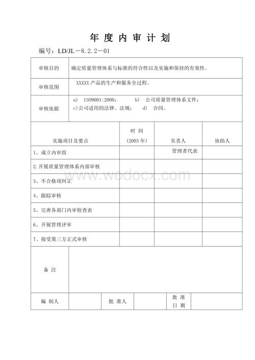 质量管理体系ISO9001年度内审计划-检查表-报告-不符合.doc