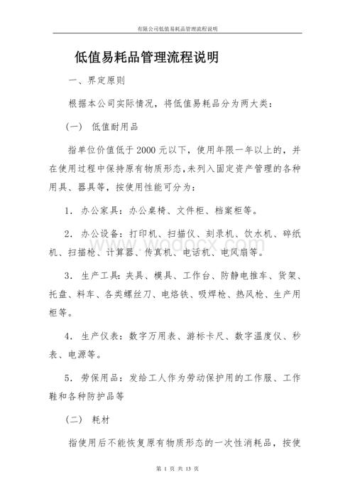 某公司低值易耗品管理流程(配全套表格).DOC