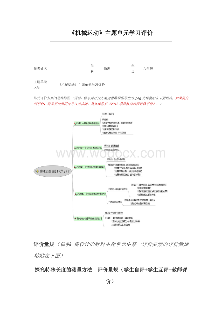 初中物理《机械运动》单元评价思维导图及单元评价量规.doc_第1页