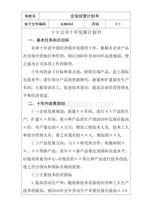 企业管理经营计划书及其编写注意事项.doc