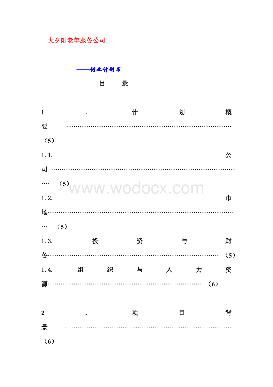 某某老年人服务公司创业计划书.doc_第1页