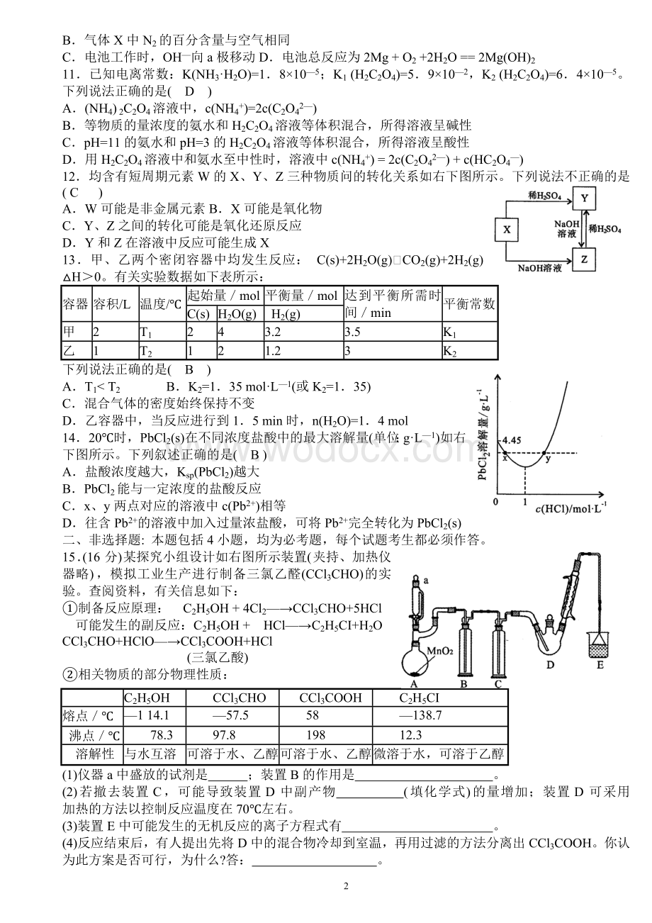 福建省单科质检化学试题含答案.doc_第2页