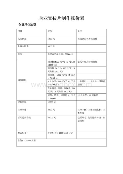 企业宣传片报价表.doc