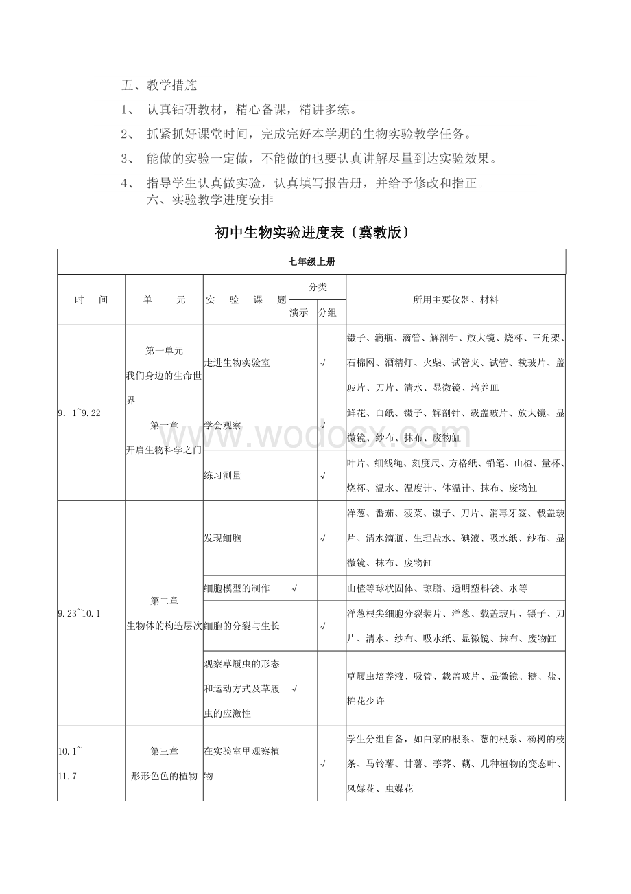 初一上册生物实验教学计划(冀少版).doc_第2页