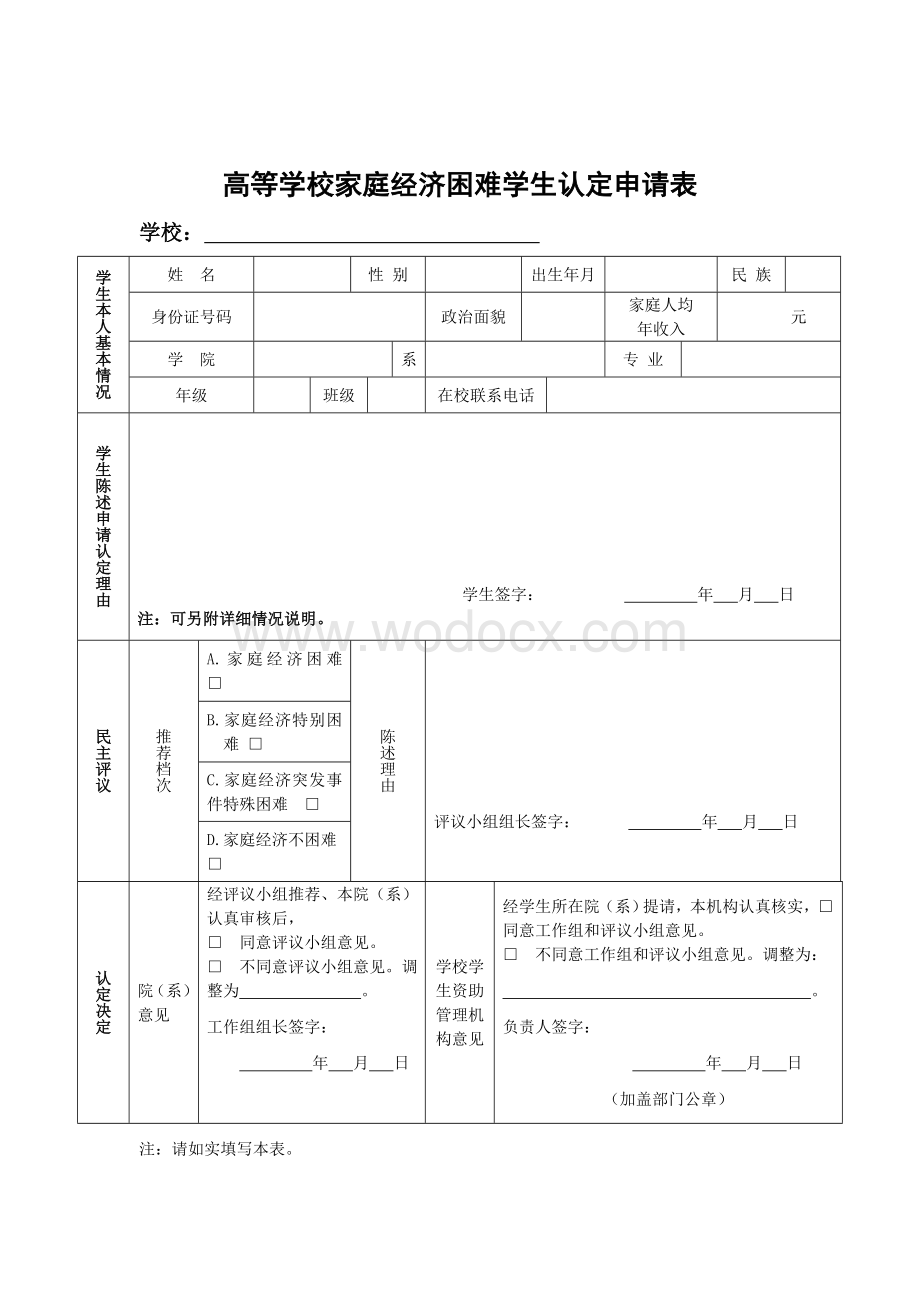 大学生助学金申请表贫困生申请表高等学校学生及家庭情况调查表.doc_第2页