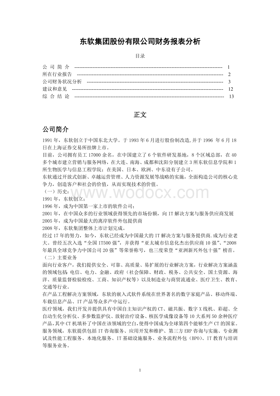 东软集团股份有限公司财务报表分析.doc_第1页